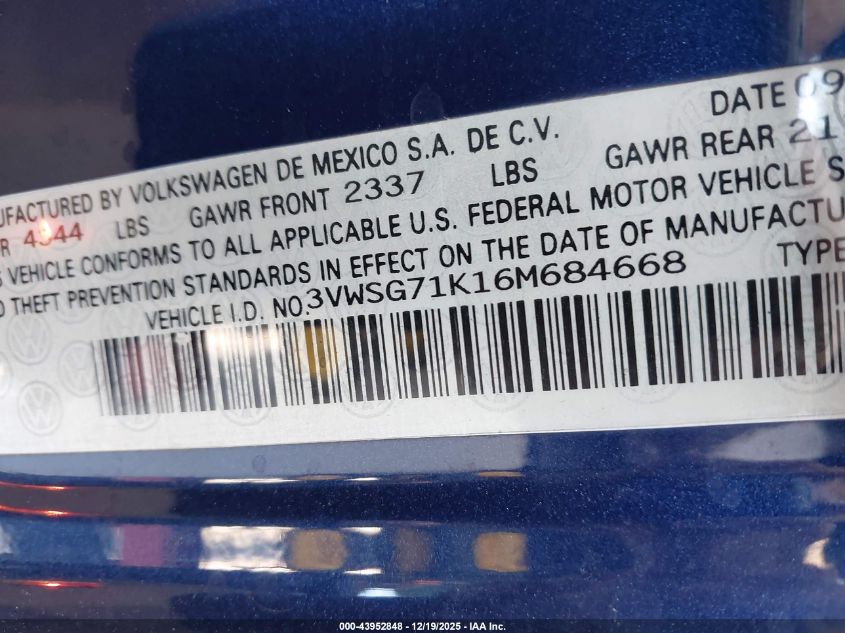 2006 Volkswagen Jetta 2.5 VIN: 3VWSG71K16M684668 Lot: 43952848