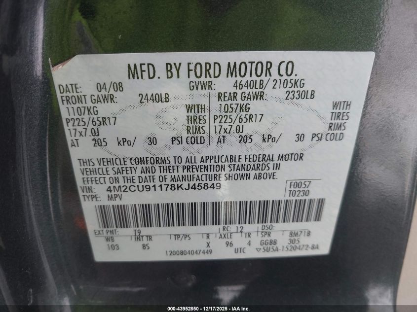 2008 Mercury Mariner V6 VIN: 4M2CU91178KJ45849 Lot: 43952850