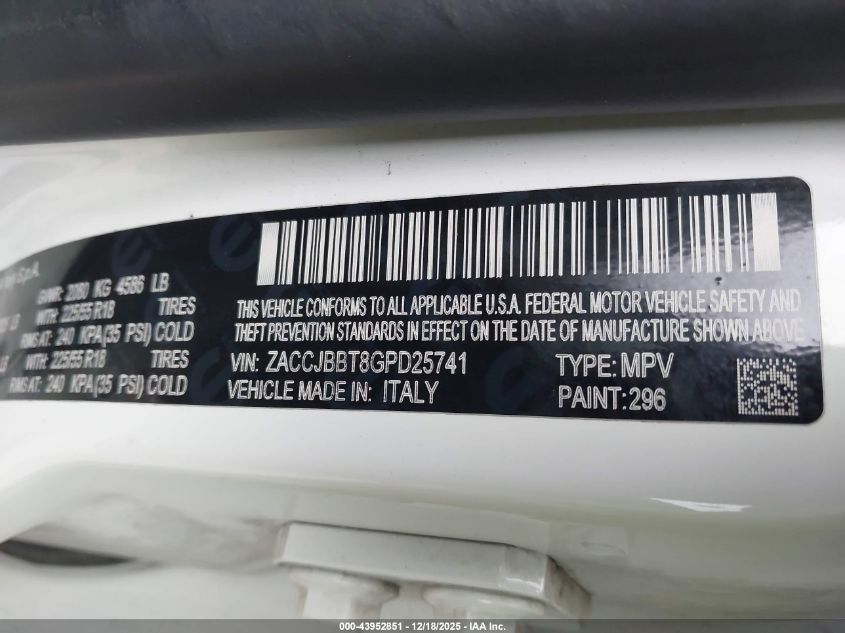 2016 Jeep Renegade Latitude VIN: ZACCJBBT8GPD25741 Lot: 43952851