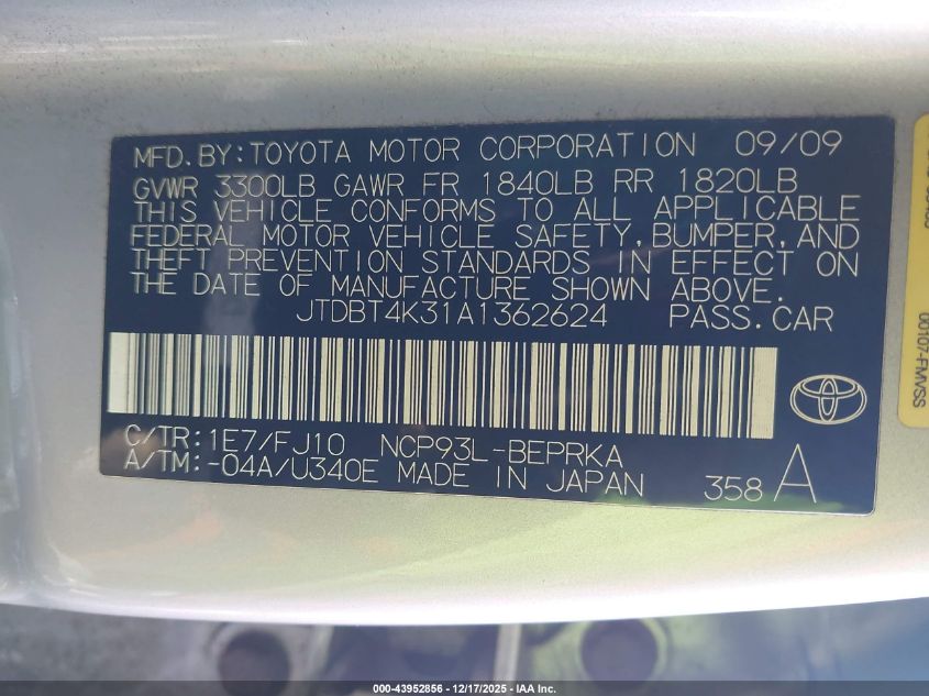 2010 Toyota Yaris VIN: JTDBT4K31A1362624 Lot: 43952856
