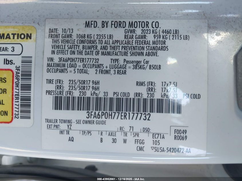 2014 Ford Fusion Se VIN: 3FA6P0H77ER177732 Lot: 43952861