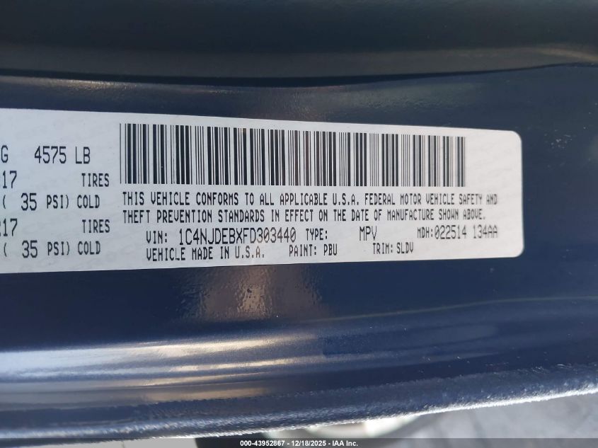 2015 Jeep Compass High Altitude Edition VIN: 1C4NJDEBXFD303440 Lot: 43952867