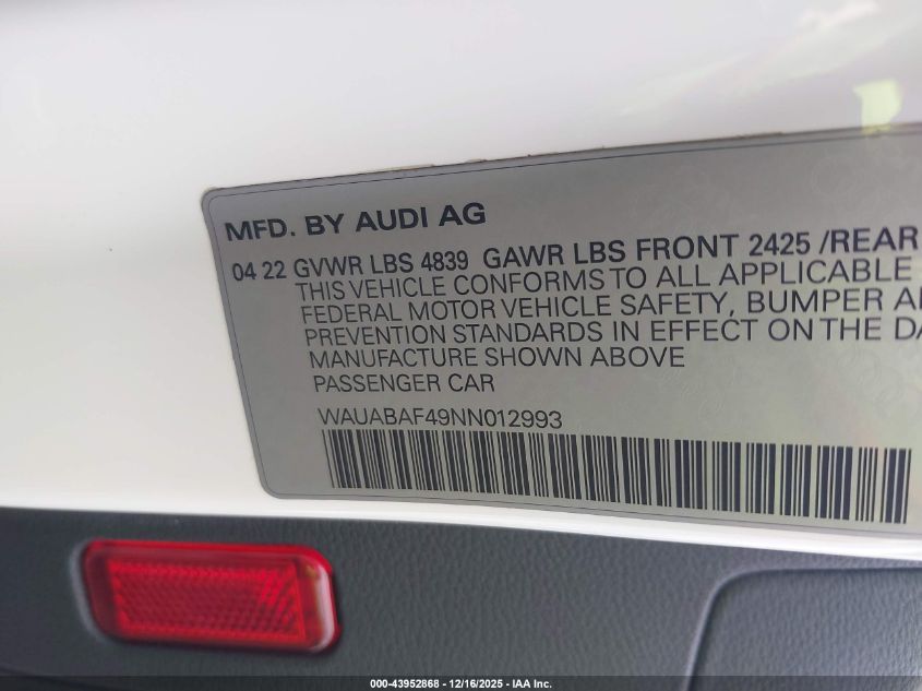 2022 Audi A4 Premium 40 Tfsi Quattro S Tronic VIN: WAUABAF49NN012993 Lot: 43952868