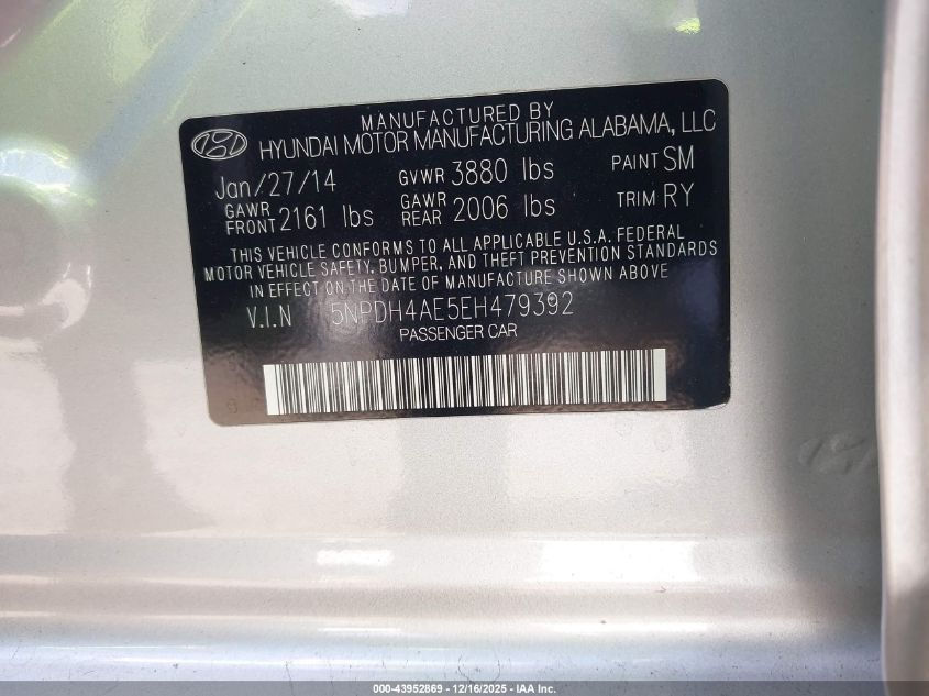 2014 Hyundai Elantra Limited VIN: 5NPDH4AE5EH479392 Lot: 43952869