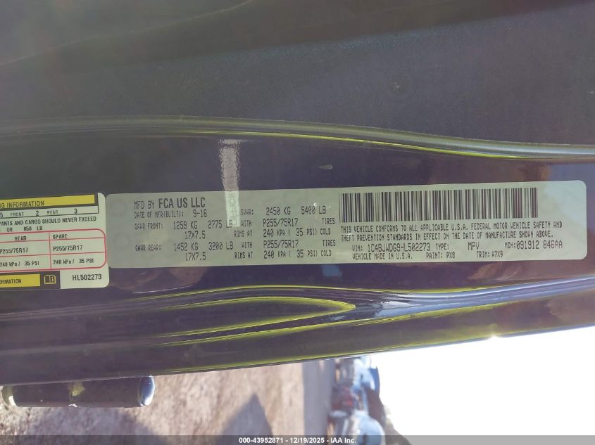 2017 Jeep Wrangler Unlimited Sport VIN: 1C4BJWDG9HL502273 Lot: 43952871