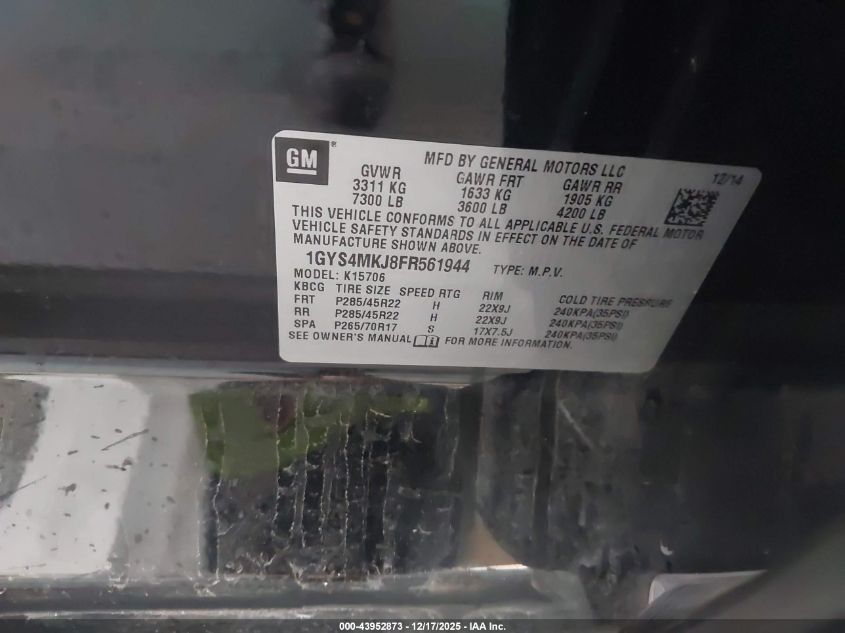 2015 Cadillac Escalade Luxury VIN: 1GYS4MKJ8FR561944 Lot: 43952873