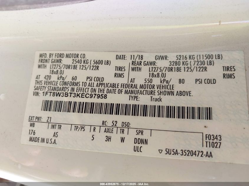 2019 Ford F-350 Xl VIN: 1FT8W3BT3KEC97958 Lot: 43952875