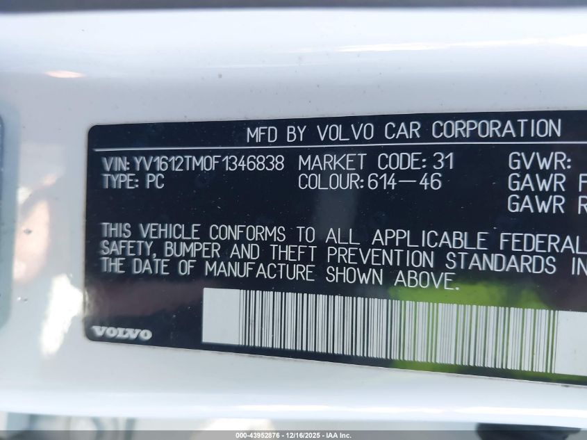 2015 Volvo S60 T5 Platinum VIN: YV1612TM0F1346838 Lot: 43952876