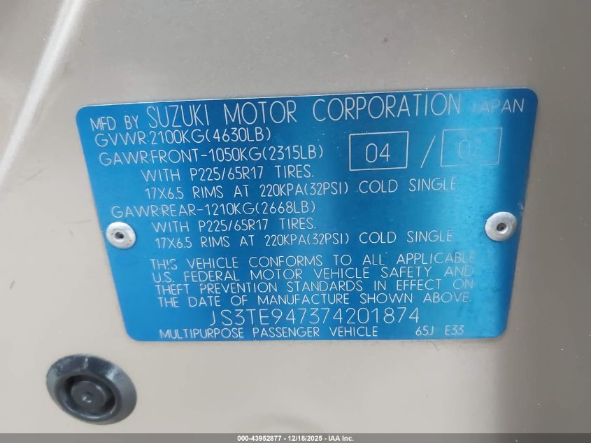 2007 Suzuki Grand Vitara Luxury VIN: JS3TE947374201874 Lot: 43952877