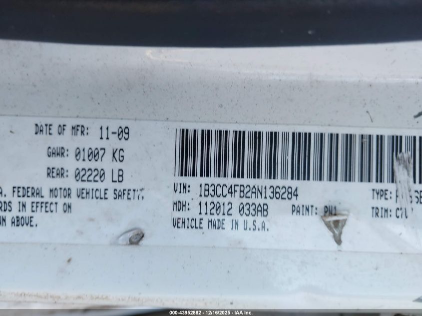 2010 Dodge Avenger Sxt VIN: 1B3CC4FB2AN136284 Lot: 43952882