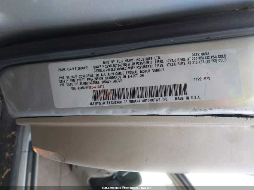 2005 Subaru Outback 3.0R VIN: 4S4BL84C854210070 Lot: 43952890