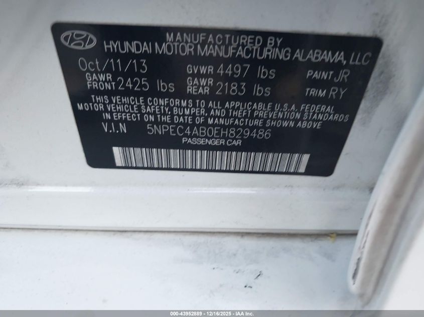 2014 Hyundai Sonata Se 2.0T VIN: 5NPEC4AB0EH829486 Lot: 43952889