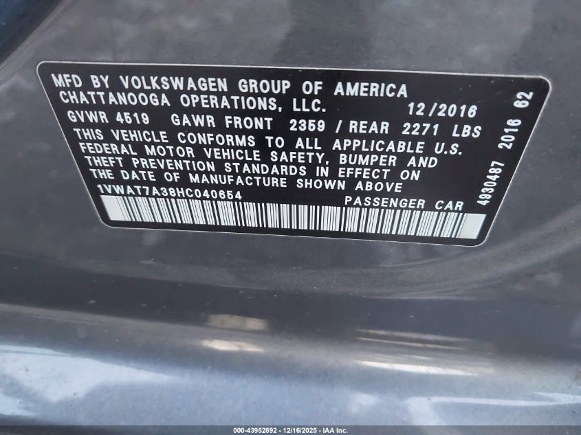 2017 Volkswagen Passat 1.8T S VIN: 1VWAT7A38HC040654 Lot: 43952892