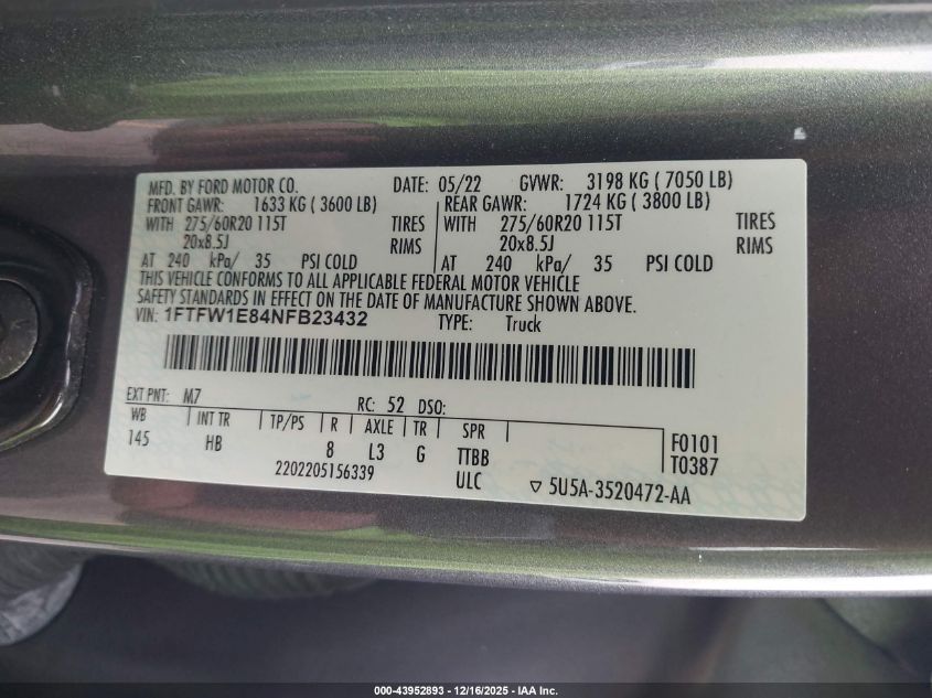 2022 Ford F-150 Lariat VIN: 1FTFW1E84NFB23432 Lot: 43952893