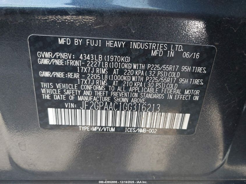 2016 Subaru Crosstrek 2.0I VIN: JF2GPAAC1GG316213 Lot: 43952895
