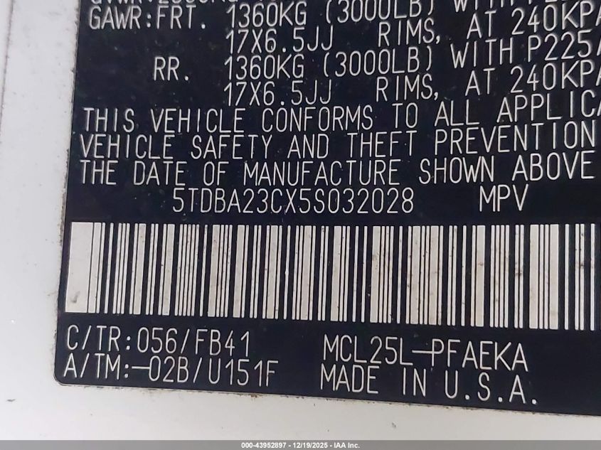 2005 Toyota Sienna Le VIN: 5TDBA23CX5S032028 Lot: 43952897