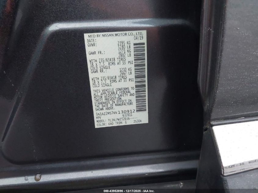 2019 Nissan Murano S VIN: 5N1AZ2MS7KN130912 Lot: 43952896