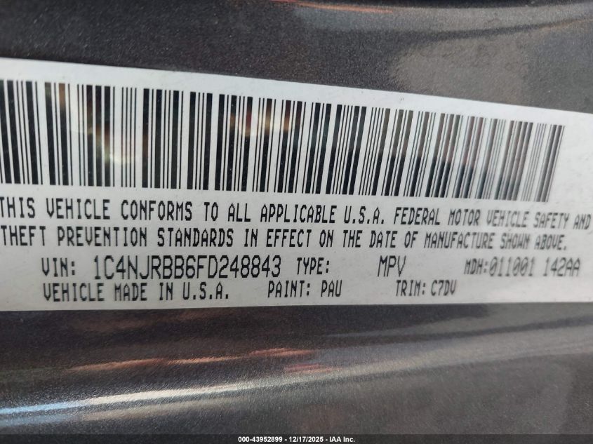 2015 Jeep Patriot Sport VIN: 1C4NJRBB6FD248843 Lot: 43952899