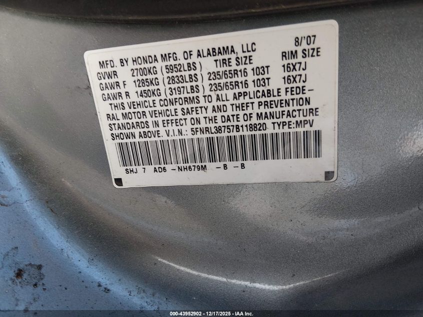 2007 Honda Odyssey Ex-L VIN: 5FNRL38757B118820 Lot: 43952902