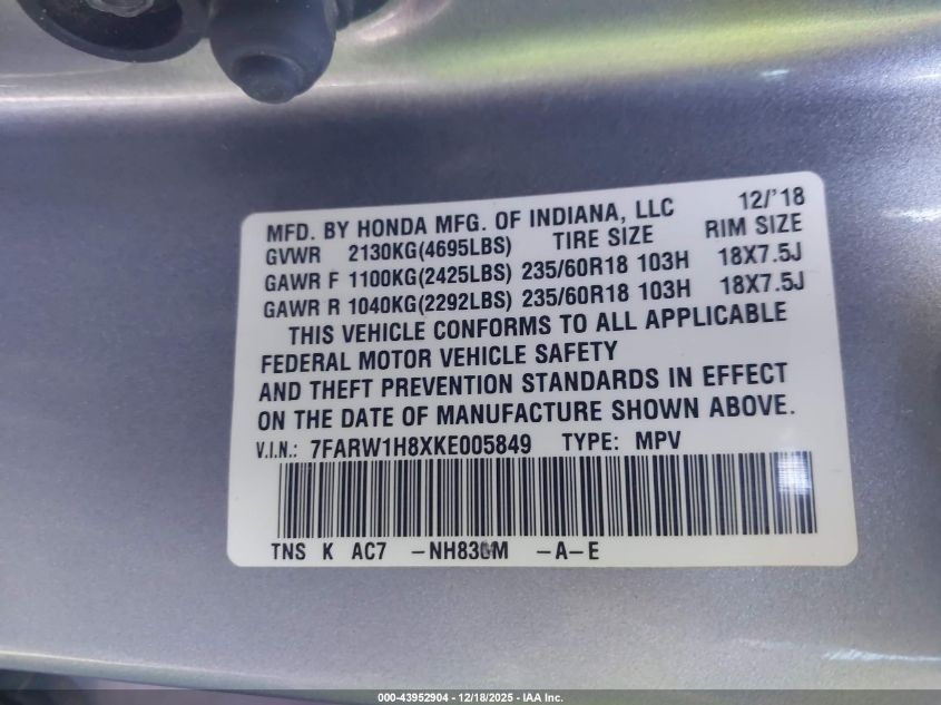 2019 Honda Cr-V Ex-L VIN: 7FARW1H8XKE005849 Lot: 43952904