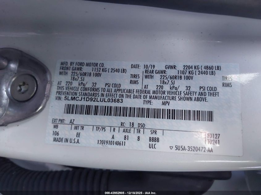 2020 Lincoln Corsair Standard VIN: 5LMCJ1D92LUL03683 Lot: 43952905