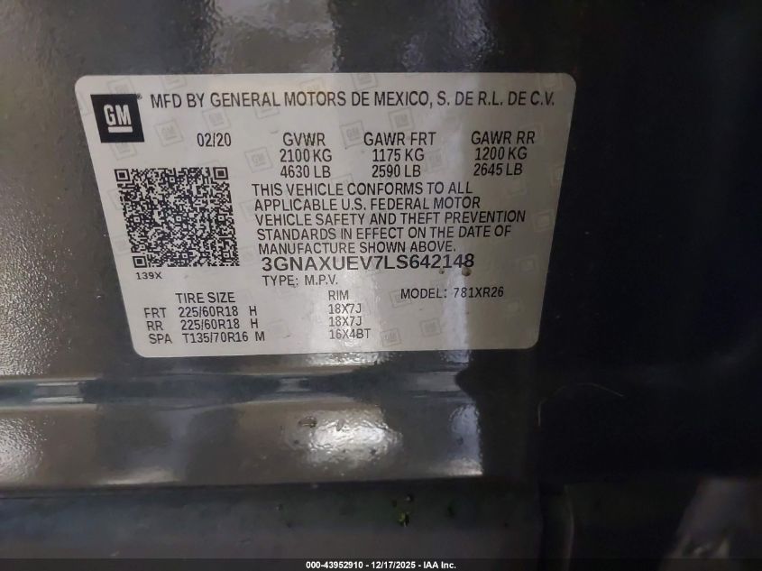 2020 Chevrolet Equinox Awd Lt 1.5L Turbo VIN: 3GNAXUEV7LS642148 Lot: 43952910