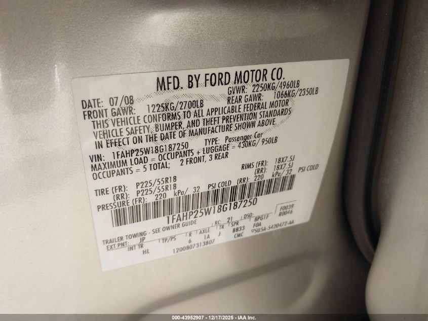 2008 Ford Taurus Limited VIN: 1FAHP25W18G187250 Lot: 43952907
