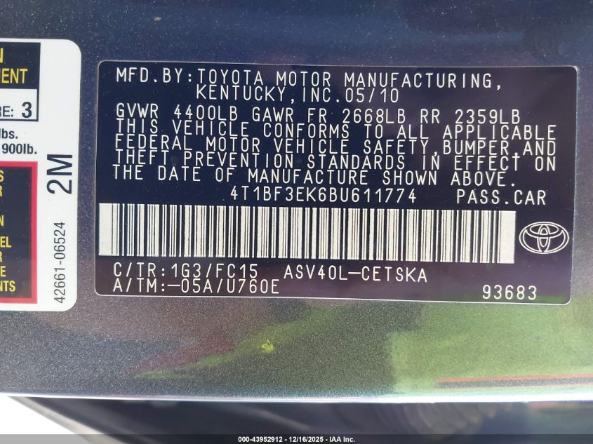 2011 Toyota Camry Se VIN: 4T1BF3EK6BU611774 Lot: 43952912