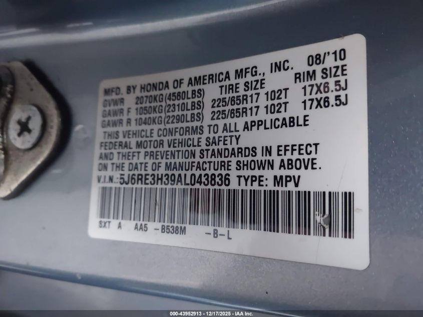 2010 Honda Cr-V Lx VIN: 5J6RE3H39AL043836 Lot: 43952913