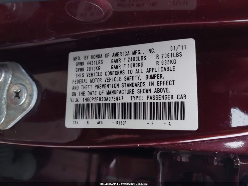 2011 Honda Accord 2.4 Ex-L VIN: 1HGCP2F85BA075647 Lot: 43952914