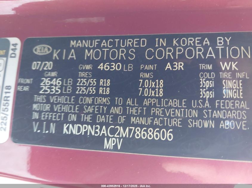 2021 Kia Sportage Ex VIN: KNDPN3AC2M7868606 Lot: 43952916