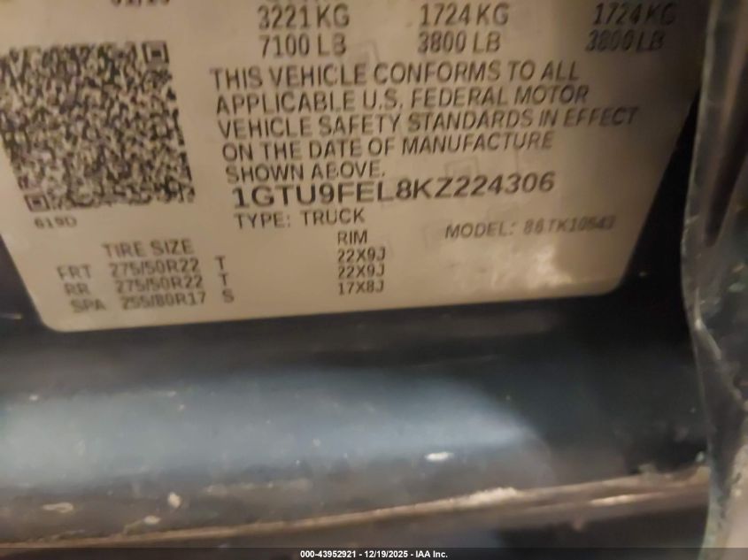 2019 GMC Sierra 1500 Denali VIN: 1GTU9FEL8KZ224306 Lot: 43952921