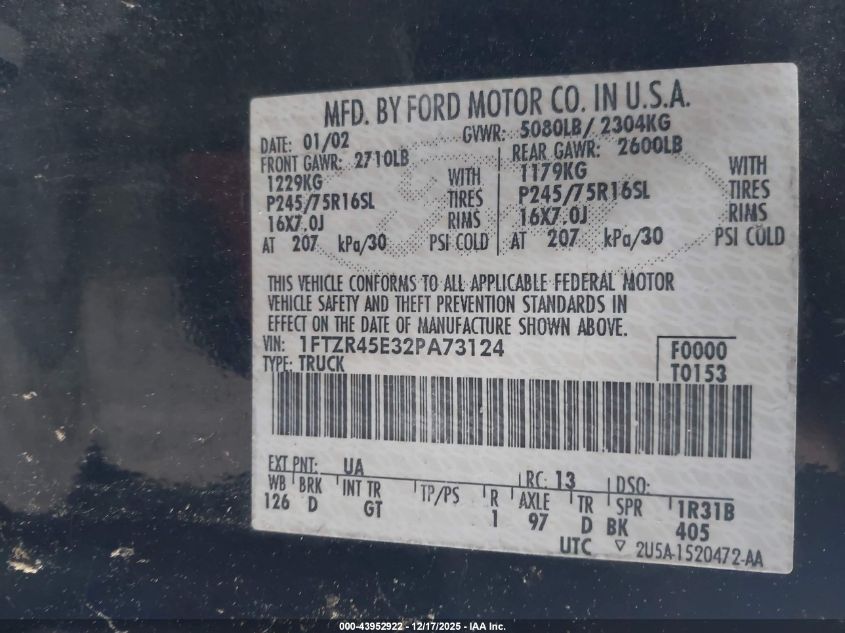 2002 Ford Ranger Edge/Xlt VIN: 1FTZR45E32PA73124 Lot: 43952922