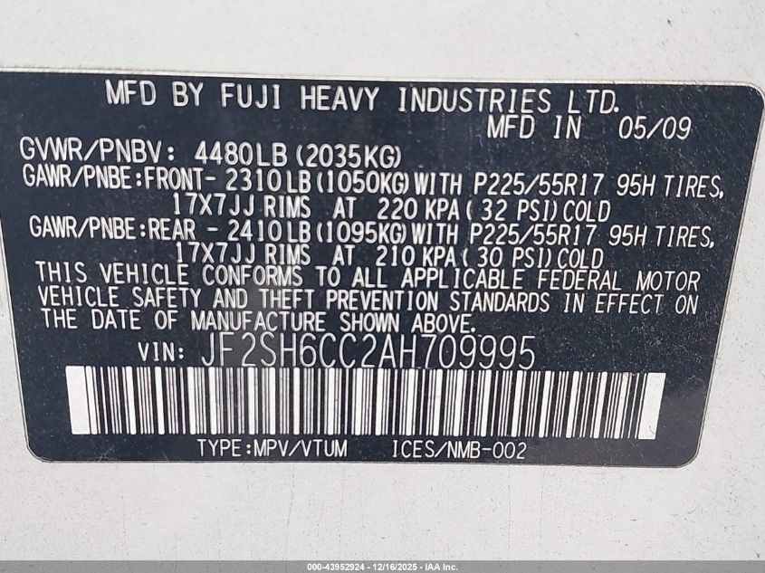 2010 Subaru Forester 2.5X Premium VIN: JF2SH6CC2AH709995 Lot: 43952924