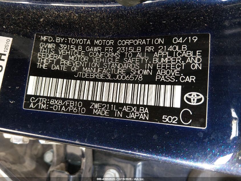 2020 Toyota Corolla Hybrid Le VIN: JTDEBRBE3LJ006578 Lot: 43952925