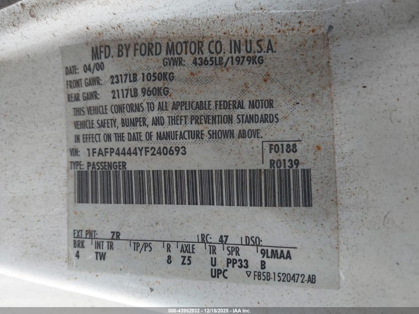 2000 Ford Mustang VIN: 1FAFP4444YF240693 Lot: 43952932