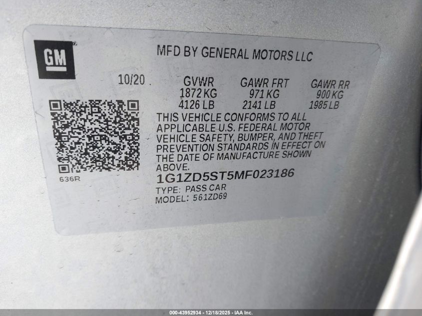 2021 Chevrolet Malibu Fwd Lt VIN: 1G1ZD5ST5MF023186 Lot: 43952934