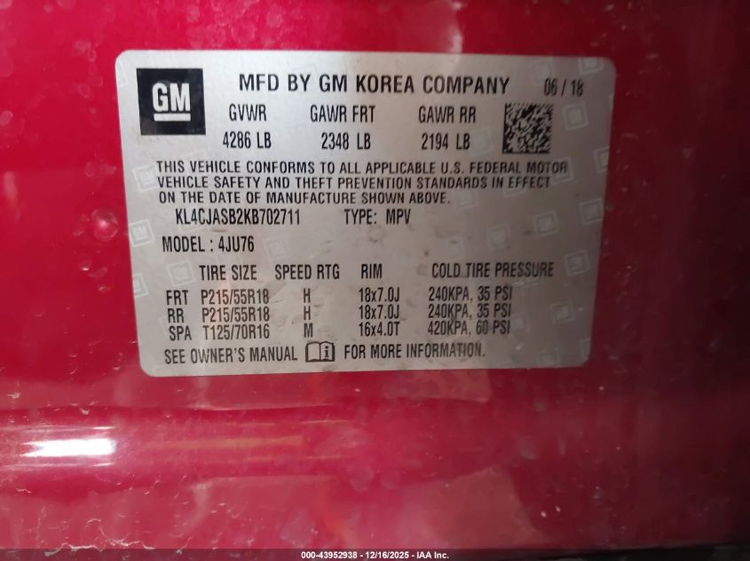 2019 Buick Encore Fwd Preferred VIN: KL4CJASB2KB702711 Lot: 43952938