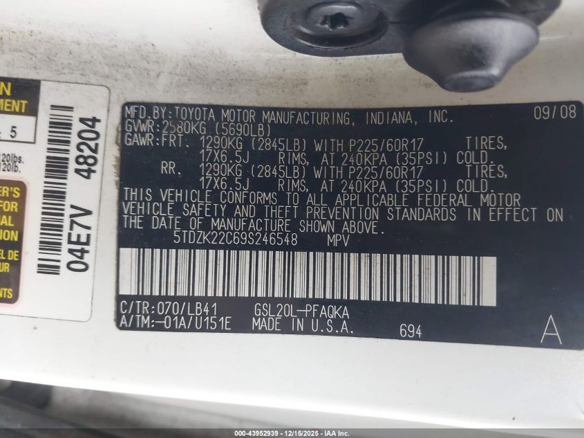 2009 Toyota Sienna Xle VIN: 5TDZK22C69S246548 Lot: 43952939