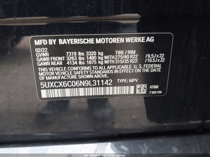 2022 BMW X7 M50I VIN: 5UXCX6C06N9L31142 Lot: 43952943