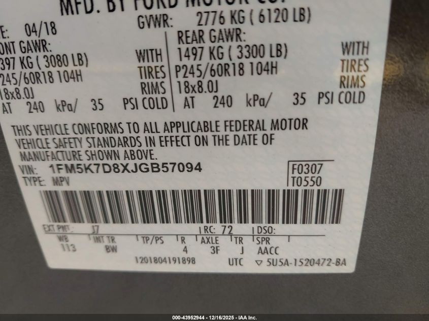 2018 Ford Explorer Xlt VIN: 1FM5K7D8XJGB57094 Lot: 43952944