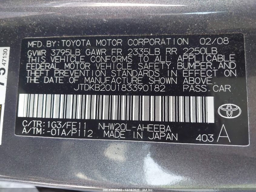 2008 Toyota Prius VIN: JTDKB20U183390182 Lot: 43952942