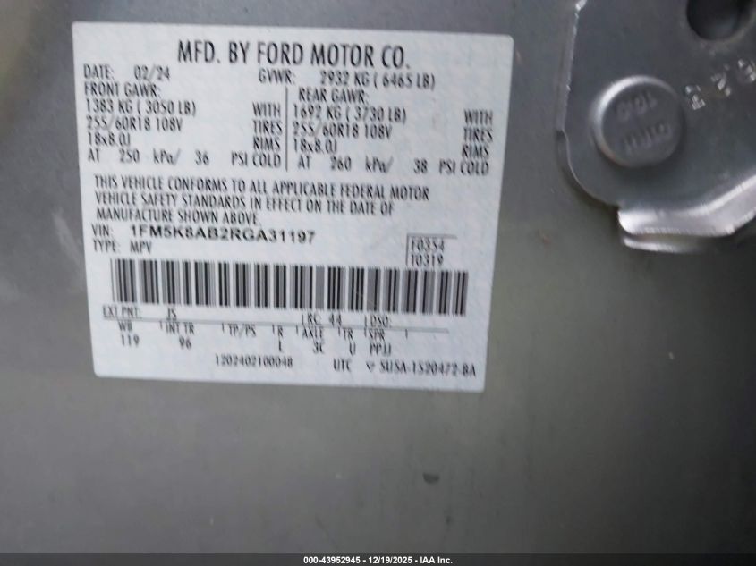 2024 Ford Police Interceptor Utility VIN: 1FM5K8AB2RGA31197 Lot: 43952945