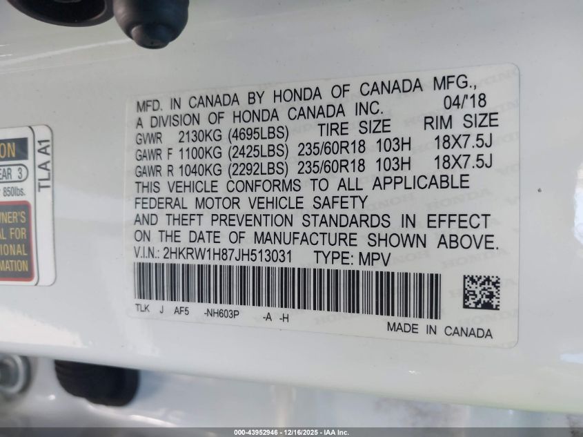 2018 Honda Cr-V Ex-L/Ex-L Navi VIN: 2HKRW1H87JH513031 Lot: 43952946