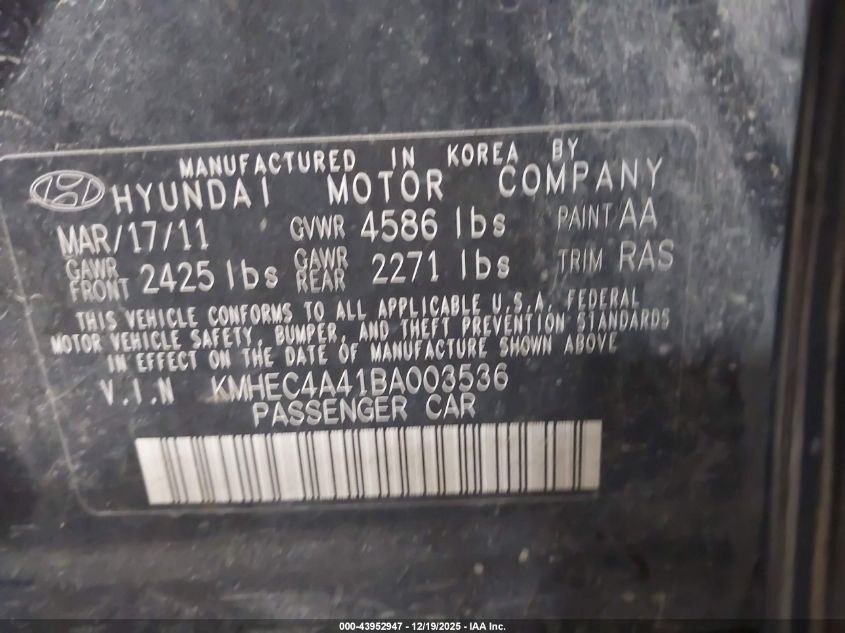 2011 Hyundai Sonata Hybrid VIN: KMHEC4A41BA003536 Lot: 43952947