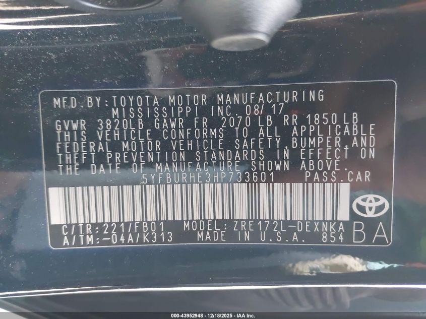 2017 Toyota Corolla Le VIN: 5YFBURHE3HP733601 Lot: 43952948