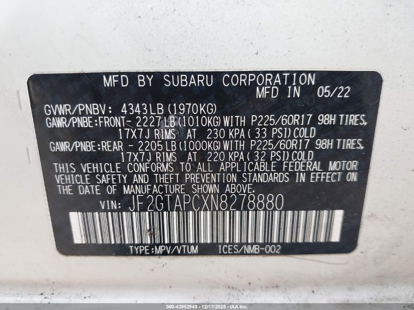 2022 Subaru Crosstrek Premium VIN: JF2GTAPCXN8278880 Lot: 43952949
