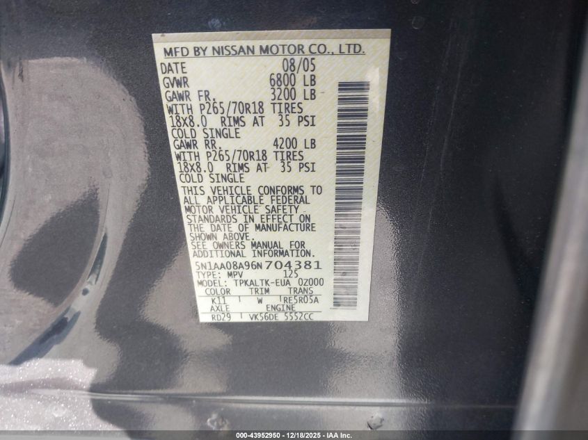 2006 Nissan Armada Se VIN: 5N1AA08A96N704381 Lot: 43952950