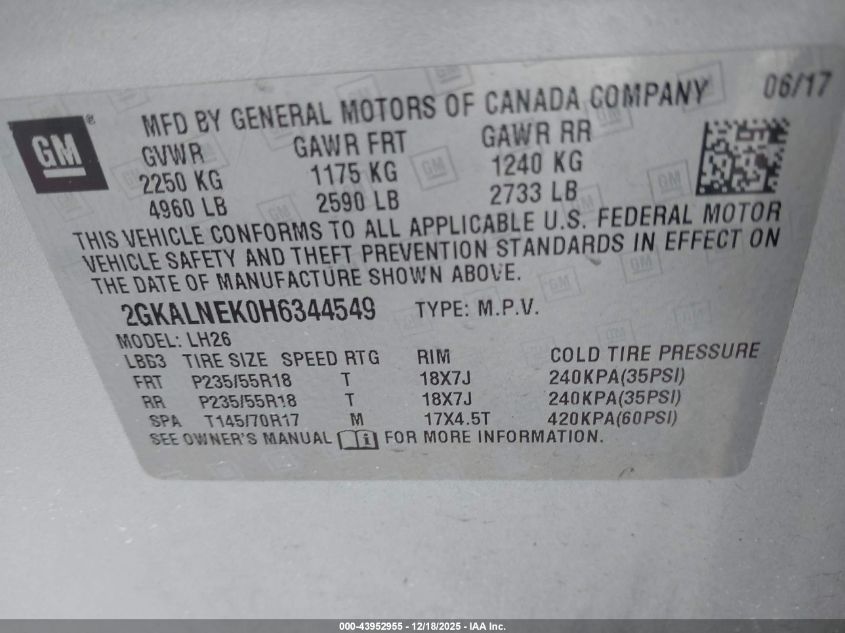 2017 GMC Terrain Sle-2 VIN: 2GKALNEK0H6344549 Lot: 43952955