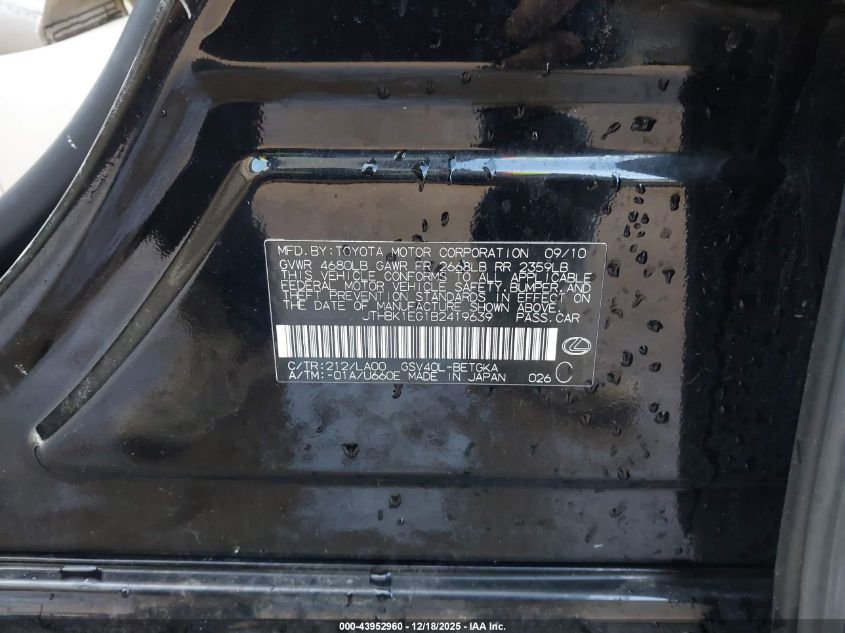 2011 Lexus Es 350 VIN: JTHBK1EG1B2419639 Lot: 43952960